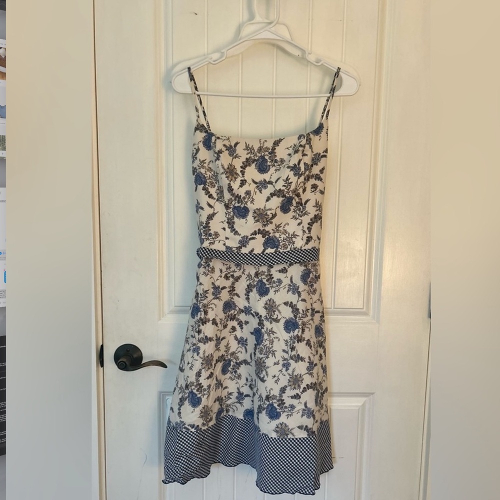 ABS Allen Schwartz vintage A line floral contrasting gingham knee dress blue 6